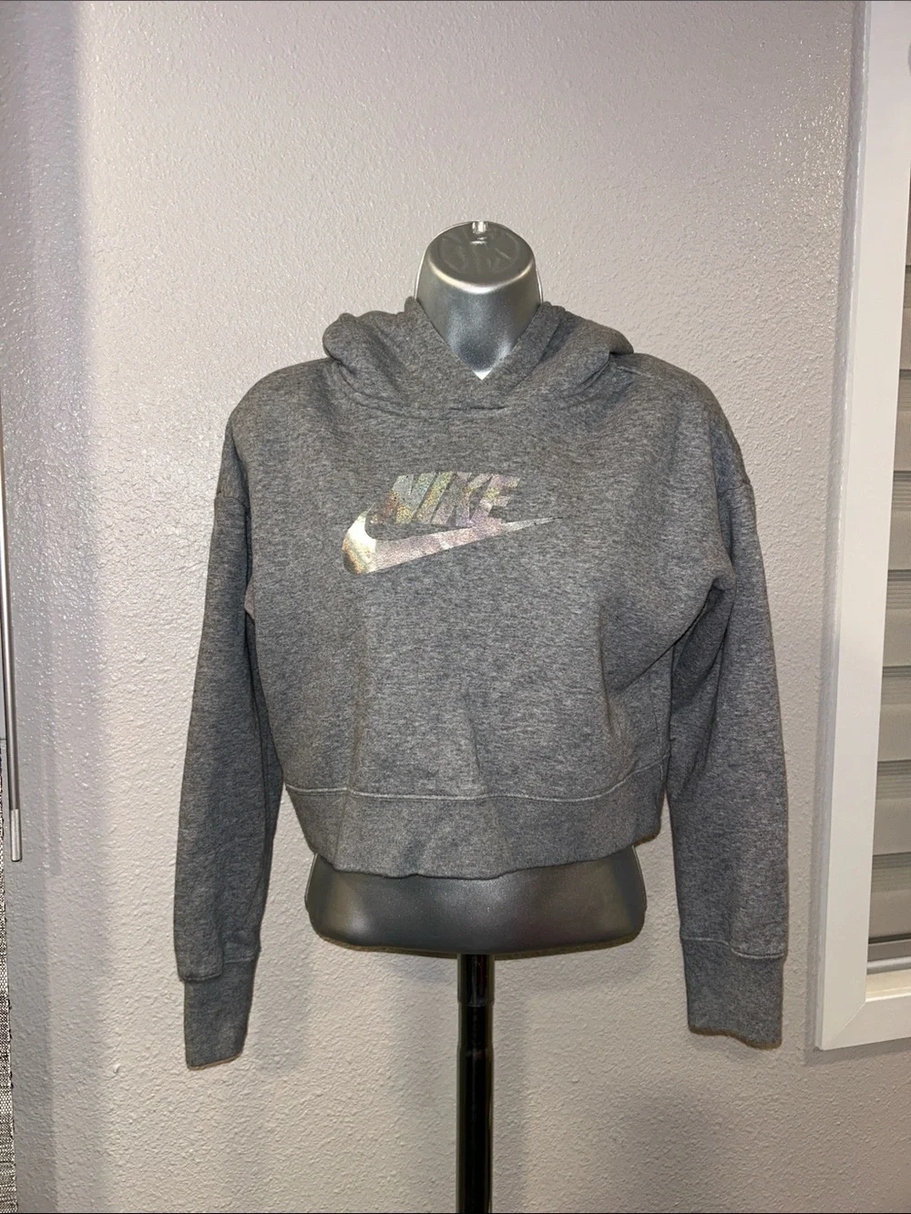 Nike Girl's Heather Gray Cropped Hoodie with Iridescent Swoosh